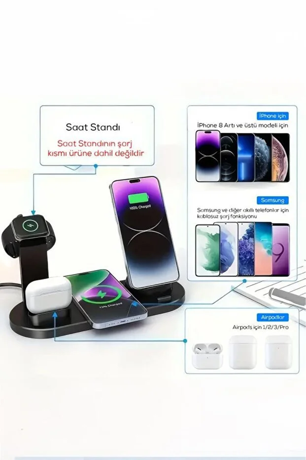 4'ü 1 Arada Kablosuz Çok İşlevli Şarj İstasyonu – Telefon, Akıllı Saat, Kulaklık Uyumlu